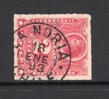 CHILE - 1878 - CANCELLATION: 2c bright carmine 'Roulette' issue used with good strike of LA NORIA cds dated 18 JAN 1893. La Noria Postal Agency was a small station on the Northern Chile railway, originally Peruvian until the Pacific War. Scarce cancel. (SG 56a)  (CHI/41282)