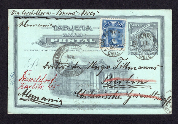 CHILE - 1909 - CANCELLATION: 1c grey on pale green 'Columbus' postal stationery card (H&G 27a) used with added 1905 5c blue (SG 107) tied by two strikes of LOS HERREROS cds dated 16 SEP 1909. Addressed to GERMANY with transit & arrival marks on front & reverse.  (CHI/41389)