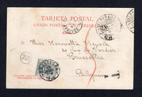 CHILE - 1904 - PROVISIONAL ISSUE & POSTAGE DUE: Colour PPC 'Valparaiso, Cerro Alegre' franked on picture side with 1904 5c red 'Provisional' issue (SG 95) tied by VALPARAISO cds dated 13 VI 1904 with additional strike on message side. Addressed to BELGIUM and taxed on arrival with unframed 'T' marking in black and added 1900 50c grey 'Postage Due' issue (SG D103) tied by BRUXELLES cds.  (CHI/41390)