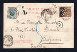 CHILE - 1904 - PROVISIONAL ISSUE & POSTAGE DUE: Colour PPC 'Talcahuano Vista General' franked on picture side with 1904 2c pale brown 'Provisional' issue (SG 94) with second copy on message side both tied by TALCAHUANO cds's dated 1 OCT 1904 with additional strike on message side. Addressed to BELGIUM and taxed on arrival with unframed 'T' marking in black and added 1900 50c grey 'Postage Due' issue (SG D103) tied by BRUXELLES cds.  (CHI/41391)
