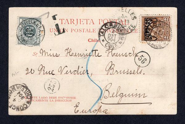 CHILE - 1904 - PROVISIONAL ISSUE & POSTAGE DUE: Colour PPC 'Talcahuano Vista General' franked on picture side with 1904 2c pale brown 'Provisional' issue (SG 94) with second copy on message side both tied by TALCAHUANO cds's dated 1 OCT 1904 with additional strike on message side. Addressed to BELGIUM and taxed on arrival with unframed 'T' marking in black and added 1900 50c grey 'Postage Due' issue (SG D103) tied by BRUXELLES cds.  (CHI/41391)