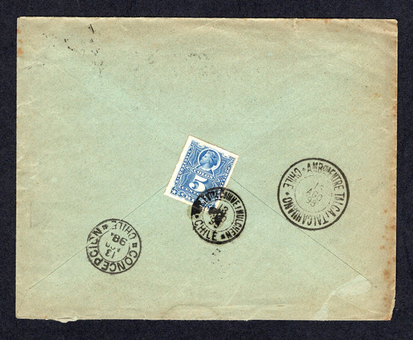 CHILE - 1898 - TRAVELLING POST OFFICES & ROULETTE ISSUE: Cover with 'Alcides Pinto y Ca - Mulchen' firms handstamp in corner franked on reverse with 1883 5c bright ultramarine 'Roulette' issue (SG 59) tied by superb strike of small type AMBCIA ENTRE COIHUE i MULCHEN travelling P.O. cds (unrecorded in Vamos) transferred to a second train with large type AMBCIA ENTRE TALCA i TALCAHUANO travelling P.O. cds also on reverse. Addressed to CONCEPCION with arrival cds on reverse. Rare.  (CHI/413)