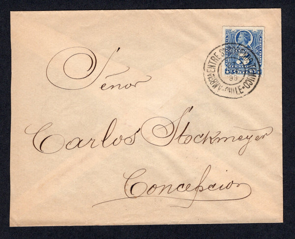 CHILE - 1899 - TRAVELLING POST OFFICES & ROULETTE ISSUE: Cover with 'A La Ville de Lautaro' firms handstamp on reverse franked with 1883 5c bright ultramarine 'Roulette' issue (SG 59) tied by superb strike of AMBCIA ENTRE SN ROSENDO i TEMUCO travelling P.O. cds transferred to a second train with AMBCIA ENTRE TALCA i TALCAHUANO travelling P.O. cds on reverse. Addressed to CONCEPCION with arrival cds on reverse. Rare.  (CHI/414)