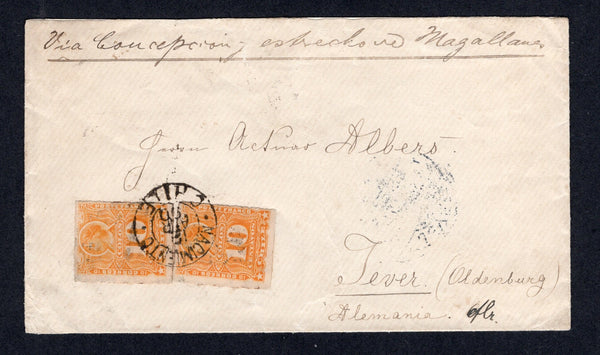 CHILE - 1890 - ROULETTE ISSUE & CANCELLATION: Cover with manuscript 'Via Concepcion y estrecho de Magallanes' at top franked with pair 1878 10c yellow 'Roulette' issue (SG 60) tied by NACIMIENTO cds dated 18 ABR 1890. Addressed to GERMANY with arrival cds on reverse.  (CHI/41526)