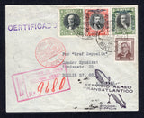 CHILE - 1932 - ZEPPELIN MAIL: Registered cover franked with 1915 1p black & yellowish green 'Presidente' issue, 1931 20c purple brown and 1928 2p black & scarlet and 5p black & green 'Presidente' AIR overprint issue (SG 172, 232, 194 & 195) all tied by CORREO AEREO SANTIAGO cds's dated 10 OCT 1932 with boxed 'SANTIAGO DE CHILE CORREO AEREO' registration marking in red alongside. Flown on the 8th South American Flight with fine strike of 'SERVICIO AEREO TRANSATLANTICO CONDOR ZEPPELIN' cachet in black on fro