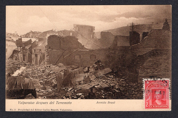 CHILE - 1906 - EARTHQUAKE & POSTCARD: Sepia PPC 'No.3 Valparaiso despues del terremoto - Avenida Brasil' showing the scene of destruction franked on picture side with 1905 2c carmine (SG 105) tied by light strike of VALPARAISO cds dated 28 VIII 1906. Unaddressed and otherwise fine unused.  (CHI/41531)