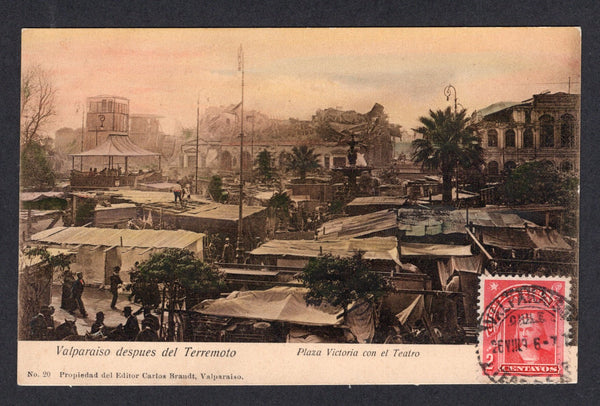 CHILE - 1906 - EARTHQUAKE & POSTCARD: Sepia PPC 'No.20 Valparaiso despues del terremoto - Plaza Victoria con el Teatro' showing the scene of destruction franked on picture side on picture side with 1905 2c carmine (SG 105) tied by VALPARAISO cds dated 28 VIII 1906. Unaddressed and otherwise fine unused.  (CHI/41539)