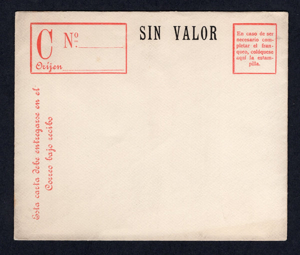 CHILE - 1900 - POSTAL STATIONERY: 15c lilac postal stationery registered envelope (H&G C1a) demonetised with 'SIN VALOR' overprint in black on front and reverse. These envelopes were used for official Post Office business between 1912-1918. A fine unused example. Uncommon.  (CHI/41591)