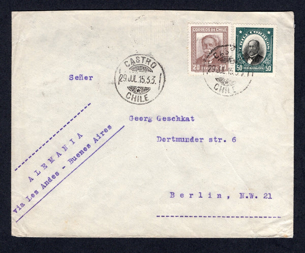 CHILE - 1915 - ISLAND MAIL: Cover with oval 'Sociedad Agricola Chiloe Ltda Ancud Casa 2. IO' imprint on flap franked with 1915 50c black & green 'Presidente' issue and 1931 20c purple brown (SG 170 & 232) tied by fine CASTRO cds dated 29 JUL 1915 with fine second strike alongside. Addressed to GERMANY with transit marks on reverse.  (CHI/41593)