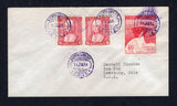 CHILE - 1954 - ISLAND MAIL: Cover franked with 1947 40c carmine 'Antarctic Territory' MAP issue and pair 1952 10p carmine 'Isabella the Catholic' issue (SG 374 & 409) tied by multiple strikes of PUERTO NAVARINO cds in purple dated 14 JUL 1954. Addressed to USA with MAGALLANES transit cds on reverse. Puerto Navarino is the small postal agency on Navarino Island, Tierra del Fuego and is part of Cabo de Hornos commune, one of the most southerly populated places in Chile. Very scarce.  (CHI/41594)