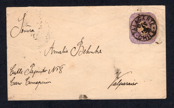 CHILE - 1890 - CANCELLATION: 5c violet 'Columbus' postal stationery envelope (H&G B13) used with fine strike of TALAGANTE cds (Small Postal Agency in commune 32km south of Santiago on Santiago - San Antonio railway line). Addressed to VALPARAISO with arrival marks on reverse.  (CHI/419)