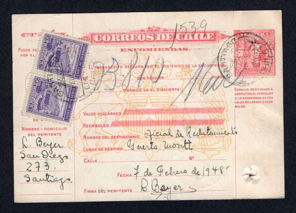 CHILE - 1948 - POSTAL STATIONERY: 1.50p red on cream 'Presidente' postal stationery parcel card with arms in orange (H&G N12c) used with added 1938 7 x 50c violet two on front & five on reverse (SG 273) all tied by SANTIAGO cds's addressed to PUERTO MONTT with arrival cds. Spike holes stamp design on card. Difficult item used.  (CHI/426)