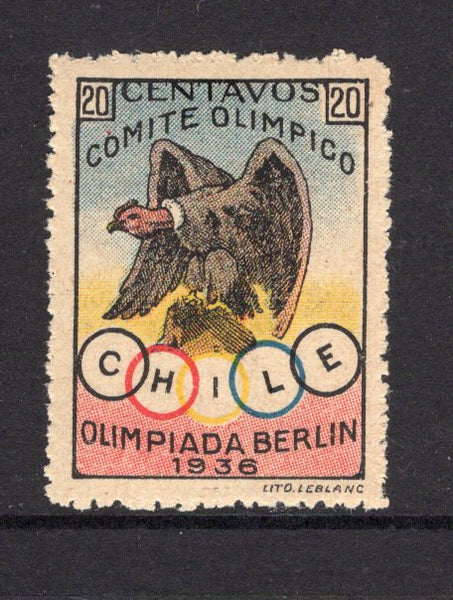 CHILE - 1936 - CINDERELLA: 20c multicoloured Comite Olimpico Chile 'Condor' label for the 1936 Berlin Olympics. Superb mint with full gum. One of the Scarcest Olympic labels.  (CHI/6320)