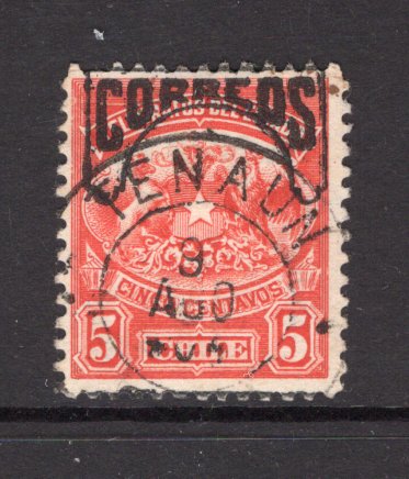 CHILE - 1904 - CANCELLATION: 5c red 'Provisional' issue superb used with fine strike of TENAUN cds dated 9 AUG 1904 (Small P.O. On the Island of Chiloe). Very scarce. (SG 95)  (CHI/6686)