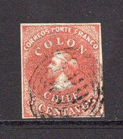 CHILE - 1853 - CLASSIC ISSUES: 5c red brown on blued paper 'Perkins Bacon' FIRST ISSUE, a superb copy with four good to large margins lightly used. (SG 1)  (CHI/6761)