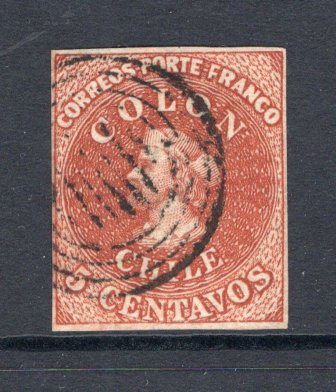 CHILE - 1854 - CLASSIC ISSUES: 5c chestnut brown 'Desmadryl' printing a very fine four margin copy used with light cancel. (SG 3)  (CHI/6768)