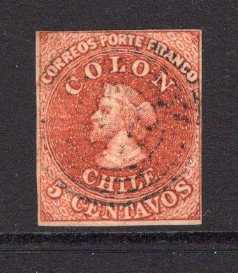 CHILE - 1854 - CLASSIC ISSUES: 5c deep reddish brown 'Desmadryl' printing a very fine four margin copy, tight in places, used with light cancel. (SG 5)  (CHI/6774)
