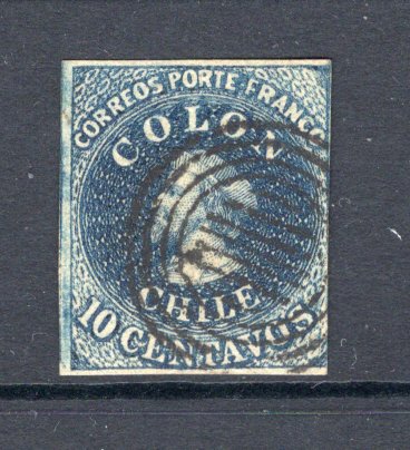 CHILE - 1856 - CLASSIC ISSUES: 10c deep blue 'Estancos' printing fine impression, a very fine four margin lightly used copy. (SG 23)  (CHI/6806)