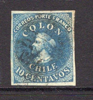 CHILE - 1861 - CLASSIC ISSUES: 10c blue 'Perkins Bacon Last London' printing a fine four margin lightly used copy. (SG 31)  (CHI/6816)