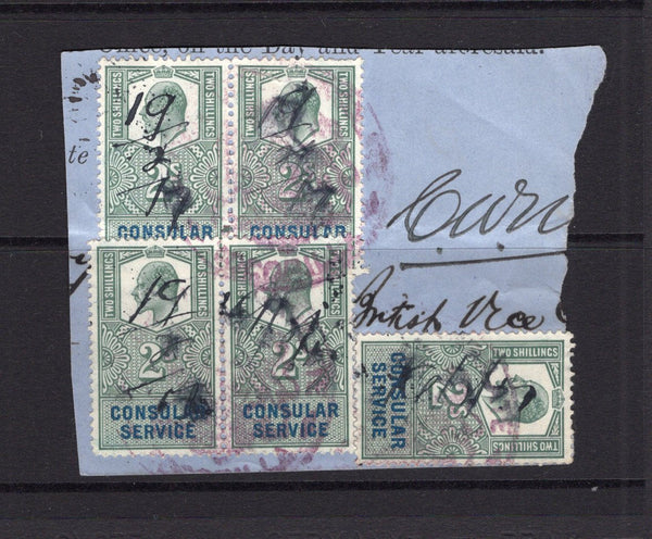 CHILE - 1917 - REVENUES: 2/- grey green & blue Great Britain EVII 'Consular Service' REVENUE issue two pairs and a single on large piece tied by TOCOPILLA CHILE consular cachets and manuscript 19/2/17 dates.  (CHI/6931)