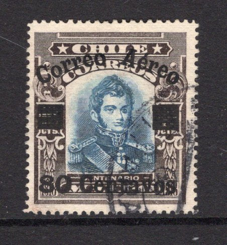 CHILE - 1927 - TESTART AIRMAILS: 80c on 10c blue & black brown 'Testart' AIR overprint issue a very fine cds used copy. (SG 184a)  (CHI/749)