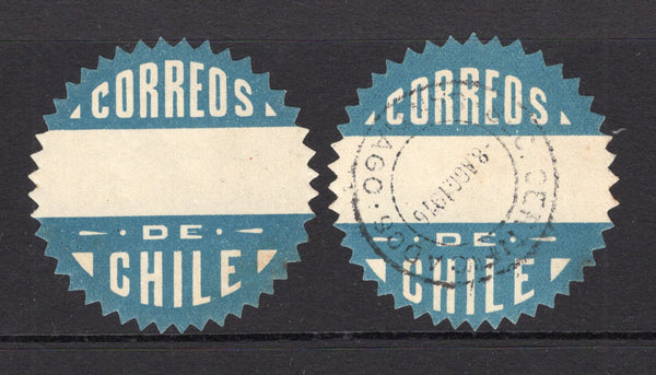 CHILE - 1915 - OFFICIAL SEALS: Blue & white 'Sawtooth' OFFICIAL SEALS without any town name a fine mint copy and fine used copy with CERTIFICADOS SANTIAGO cds dated 8 AGO 1916.  (CHI/758)