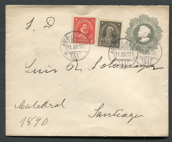 CHILE - 1912 - TRAVELLING POST OFFICES: 5c grey postal stationery envelope (H&G B19) used with added 1911 2c scarlet & 3c sepia 'Presidente' issues (SG 136/137) tied by three fine strikes of AMBULANCIA 54 travelling P.O. cds (Santiago - Talca - Talcahuano line). Addressed to SANTIAGO with arrival cds on reverse.  (CHI/8287)