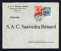 CHILE - 1944 - TRAVELLING POST OFFICES: Cover from PUERTO VARAS with firms imprint on front franked with 1928 25c black & blue & 1938 15c brown orange (SG 210 & 269a) tied by fine AMBULANCIA 82 travelling P.O. cds's (Puerto Montt - Temuco line). Addressed to SANTIAGO.  (CHI/8302)