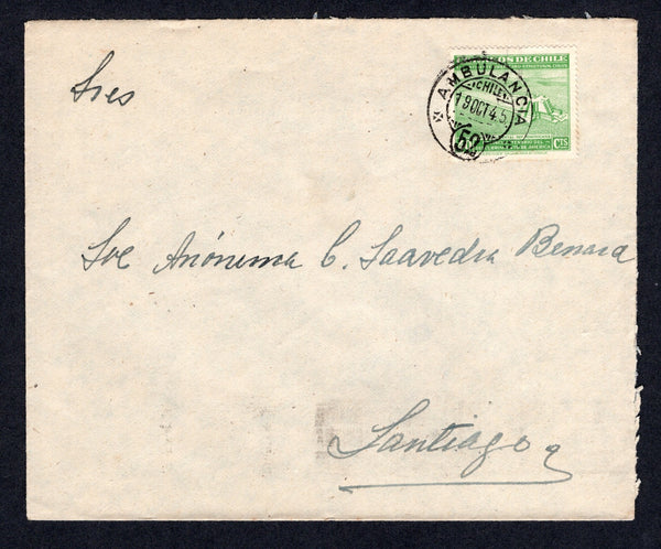 CHILE - 1945 - TRAVELLING POST OFFICES: Cover from TALCA with return address on reverse franked with 1945 40c emerald green (SG 371) tied by AMBULANCIA 52 travelling P.O. cds (Santiago - Talcahuano line). Addressed to SANTIAGO.  (CHI/8310)