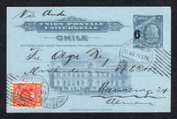 CHILE - 1914 - POSTAL STATIONERY: 6c on 3c dark grey postal stationery card (H&G 30) used with added 1912 2c scarlet 'Presidente' issue (SG 150) tied by VALPARAISO cds's. Addressed to GERMANY. Fine.  (CHI/8317)