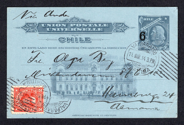 CHILE - 1914 - POSTAL STATIONERY: 6c on 3c dark grey postal stationery card (H&G 30) used with added 1912 2c scarlet 'Presidente' issue (SG 150) tied by VALPARAISO cds's. Addressed to GERMANY. Fine.  (CHI/8317)