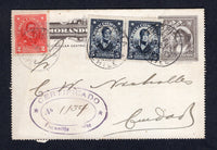 CHILE - 1918 - POSTAL STATIONERY & REGISTRATION: 2c grey 'Columbus' postal stationery lettercard (H&G A4) sent registered with added 1915 2c scarlet & pair 5c slate blue 'Presidente' issue (SG 158 & 161) tied by TOCOPILLA cds's with large handstruck oval CERTIFICADO TOCOPILLA CHILE marking with manuscript registration number added. Addressed locally with official looking partially printed message inside. Very unusual use of this card.  (CHI/8324)