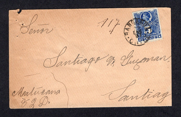 CHILE - 1897 - ROULETTE ISSUE & CANCELLATION: Cover franked with single 1878 5c bright ultramarine 'Roulette' issue (SG 59) tied by RANCAGUA cds. Addressed to SANTIAGO with arrival cds and boxed '3' postman's numeral on reverse.  (CHI/8331)