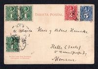 CHILE - 1899 - ROULETTE ISSUE & CANCELLATION: Black & white PPC 'Valparaiso Entrada Parque Municipal' datelined PUNTA ARENAS franked on message side with 1878 1c green pair & single, 2c carmine & 5c ultramarine 'Roulette' issue (SG 55, 57 & 59a) all tied by MAGELLANES cds's. Addressed to GERMANY with arrival cds on front.  (CHI/8332)