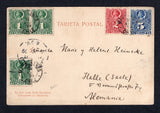 CHILE - 1899 - ROULETTE ISSUE & CANCELLATION: Black & white PPC 'Valparaiso Entrada Parque Municipal' datelined PUNTA ARENAS franked on message side with 1878 1c green pair & single, 2c carmine & 5c ultramarine 'Roulette' issue (SG 55, 57 & 59a) all tied by MAGELLANES cds's. Addressed to GERMANY with arrival cds on front.  (CHI/8332)