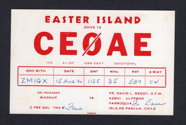 CHILE - 1970 - EASTER ISLAND: Unfranked red & white QSL 'Ham Radio' card with printed 'EASTER ISLAND Zone 12 CE0AE' with the date added as '15 AUG 70'. Addressed to NEW ZEALAND probably originally sent in another envelope.  (CHI/8340)