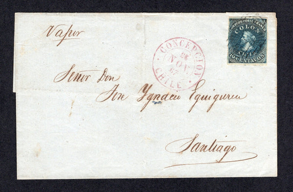 CHILE - 1867 - CLASSIC ISSUES: Cover franked with 1861 10c deep blue 'Perkins Bacon Last London' printing (SG 32) a fine four margin copy tied by CANCELLED in bars marking in black with fine CONCEPCION cds alongside in red dated 25 NOV 1867. Addressed to SANTIAGO with manuscript 'Vapor' endorsement at top left. Very fine.  (CHI/8358)