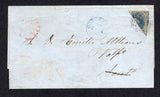 CHILE - 1858 - CLASSIC ISSUES & BISECT: Cover franked with diagonally BISECTED 1856 10c grey blue 'Estancos' printing, poor impression (SG 27) tied by 'Target' cancel in black with CONCEPCION cds in blue alongside dated 22 NOV 1858. Addressed to SANTIAGO with arrival cds on reverse then readdressed to VALPARAISO. Fine & scarce.  (CHI/8359)