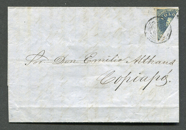 CHILE - 1857 - CLASSIC ISSUES & BISECT: Cover written from POTRERO datelined inside franked with diagonally BISECTED 1856 10c blue 'Estancos' printing, fine impression (SG 24a) tied by 'Target' cancel in black. Addressed to COPIAPO. Fine & scarce.  (CHI/8360)
