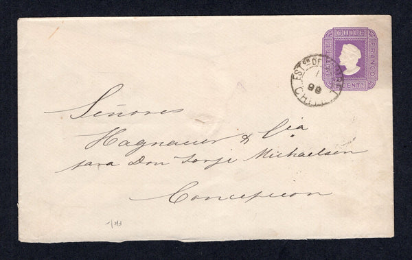CHILE - 1899 - TRAVELLING POST OFFICES: 5c violet postal stationery envelope (H&G B12b) used with ESTON DE YUMBEL cds addressed to CONCEPCION with fine strike of AMBCIA ENTRE TALCA i TALCAHUANO travelling P.O. cds on reverse with CONCEPCION arrival cds.  (CHI/9047)