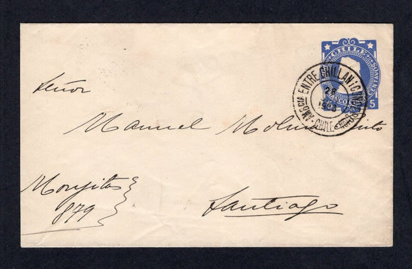 CHILE - 1903 - TRAVELLING POST OFFICES: 5c blue 'Columbus' postal stationery envelope (H&G B15) used with fine strike of AMBCIA ENTRE CHILLAN i CONCEPCION travelling P.O. cds. Addressed to SANTIAGO with arrival cds on reverse.  (CHI/9601)