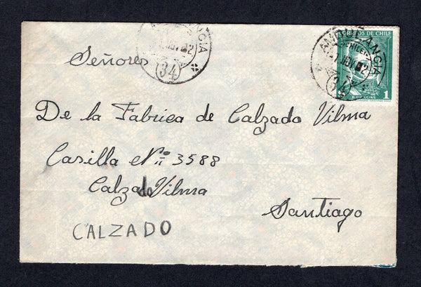 CHILE - 1952 - TRAVELLING POST OFFICES: Cover from ESTACION INGENIO, LA LIGUA with senders address on reverse franked with 1948 1p blue green (SG 379c) tied by fine strike of 'AMBULANCIA 34' travelling P.O. cds (Calera - Cabildo line). Addressed to SANTIAGO.  (CHI/9606)