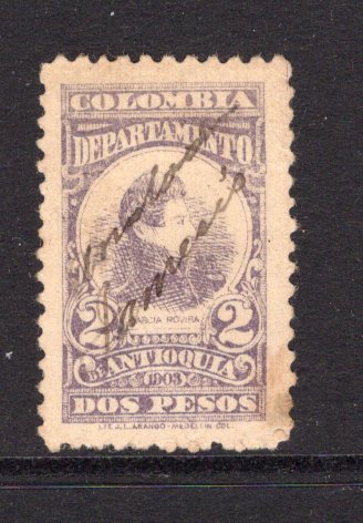 COLOMBIAN STATES - ANTIOQUIA - 1903 - CANCELLATION: 2p mauve used with fine ANULADA TAMESIS manuscript cancel. (SG 167)  (COL/10569)