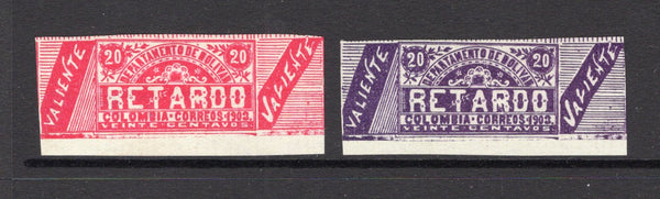 COLOMBIAN STATES - BOLIVAR - 1903 - LATE FEE ISSUE: 20c carmine rose on bluish and 20c violet on bluish 'Retardo' issue, imperf, both copies from the bottom margin with 'VALIENTE' imprints at either side. Scarce. (SG L73A/74A)  (COL/10572)