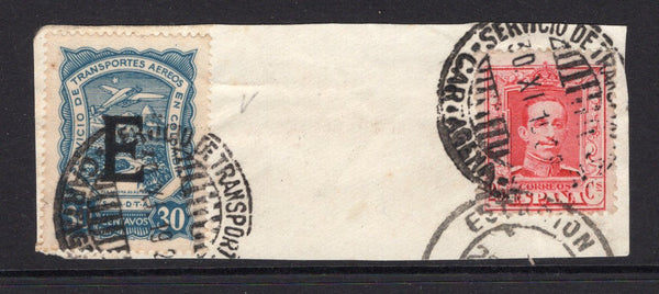 COLOMBIAN AIRMAILS - SCADTA - 1928 - CONSULAR OVERPRINTS: Small piece with Spanish 1922 25c red (SG 385) and SCADTA 1923 30c blue with 'E' (Espana) consular overprint both stamps tied by CARTAGENA SCADTA cds's also part Spanish cds alongside. (SG30E)  (COL/1063)