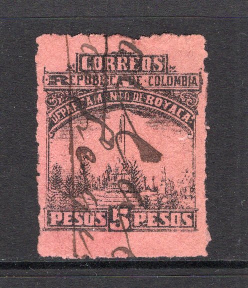 COLOMBIAN STATES - BOYACA - 1903 - HIGH VALUE ISSUE: 5p black on rose 'Battle of Boyaca Monument' issue, perf 12, a very fine used copy with large part two line manuscript cancel. Fewer than 10 copies are recorded as genuine used. Rare. (SG 10B)  (COL/10853)