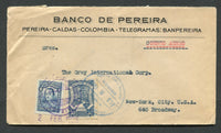 COLOMBIAN AIRMAILS - SCADTA - 1928 - CANCELLATION: Headed 'Banco de Pereira' envelope franked with 1923 4c blue (SG 395) and SCADTA 1923 30c blue (SG 41) both tied by undated SERVICIO TRANSPORTES DE AEREOS PEREIRA cancel in purple with date handstruck separately alongside. Addressed to USA with BARRANQUILLA transit cds on front and 'Use the Colombian Air Mail It saves you 18 days, Information & stamps through American Trading Co. 25 Broad Street, New York' AMERICAN consular agents cachet in blue on reverse