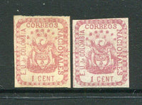 COLOMBIA - 1865 - CLASSIC ISSUES: 1c rose on white paper and 1c rose on bluish paper both fine unused copies both with four margins. (SG 31 & 31a)  (COL/1561)