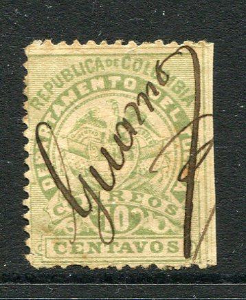 COLOMBIAN STATES - TOLIMA - 1895 - CANCELLATION: 10c green, perf 12 used with GUAMO manuscript cancel. Thinned. (SG 70)  (COL/16893)