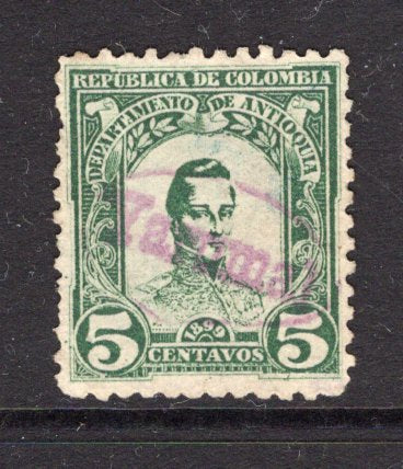 COLOMBIAN STATES - ANTIOQUIA - 1899 - CANCELLATION: 5c green 'General Cordoba' issue ORIGINAL PRINTING used with undated oval YARUMAL cancel in purple. The original printing is scarce, the catalogue listing & value refers to the reprints. (SG 123)  (COL/16946)